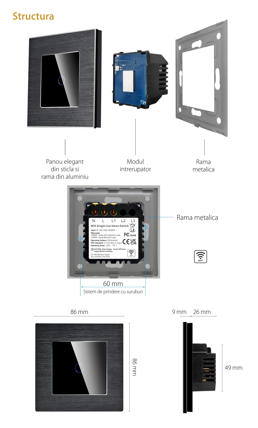 Intrerupator Simplu Wi-Fi cu Touch din Sticla si Rama de Aluminiu LUXION