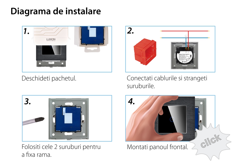 Intrerupator Simplu cu Touch din Sticla si Rama de Aluminiu LUXION, protocol Zigbee