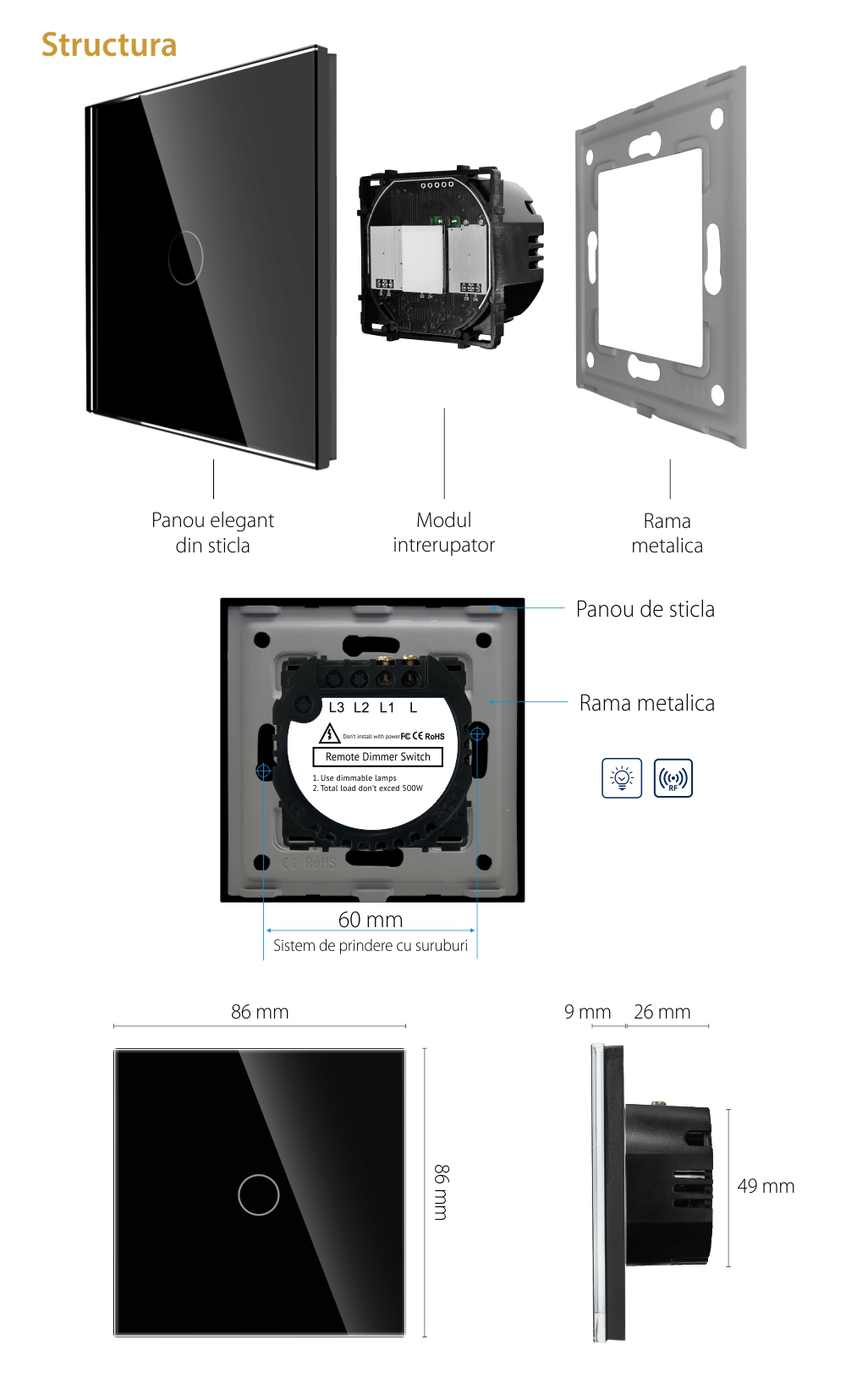 Intrerupator Simplu cu Variator cu Touch din Sticla LUXION, RF433