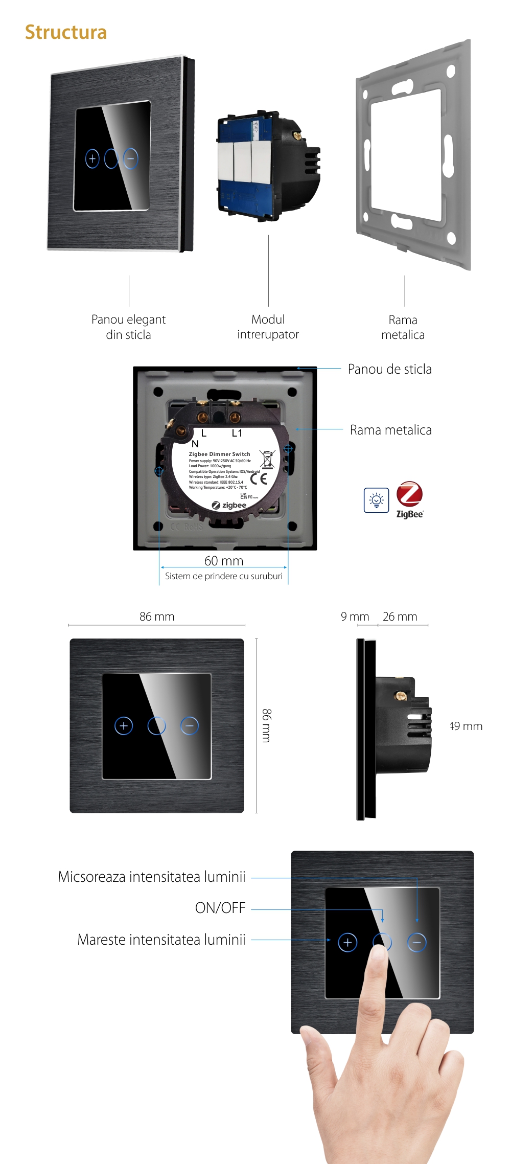 Intrerupator Simplu cu Variator cu Touch din Sticla si Rama de Aluminiu LUXION, protocol Zigbee