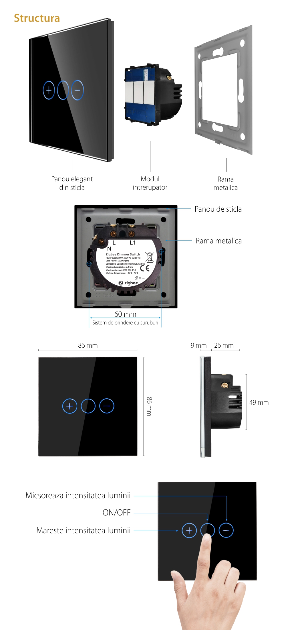 Intrerupator Simplu cu Variator cu Touch din Sticla LUXION, protocol Zigbee