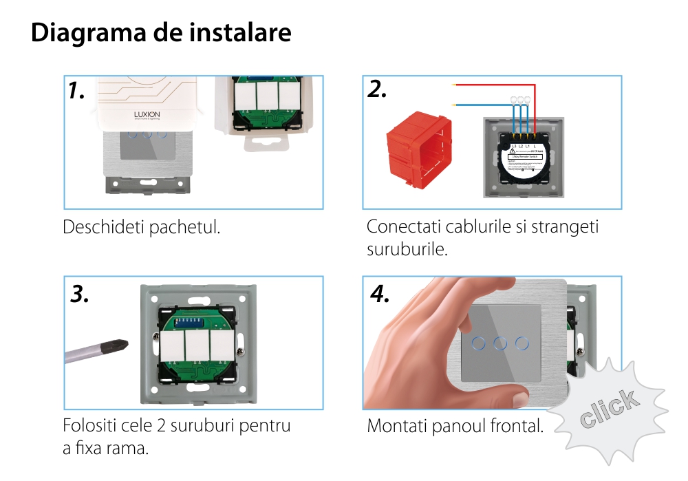 Intrerupator Triplu cu Touch din Sticla si Rama de Aluminiu LUXION, RF433