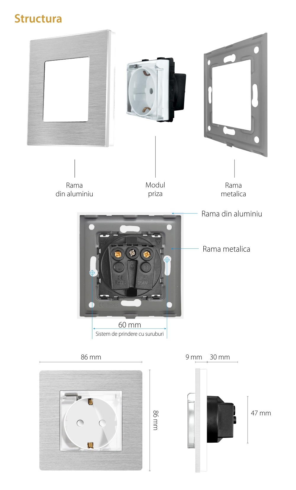 Priza Simpla cu Capac de Protectie LUXION cu rama din aluminiu