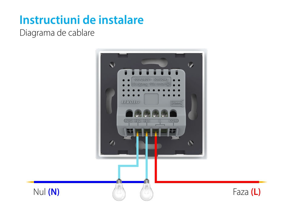 Intrerupatorul Dublu cu Touch LIVOLO cu Rama Din Sticla, Protocol Zigbee, Alb