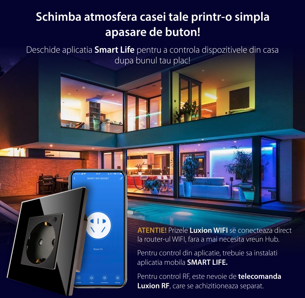 Priza Simpla Wi-Fi LUXION cu Rama din Sticla, RF433