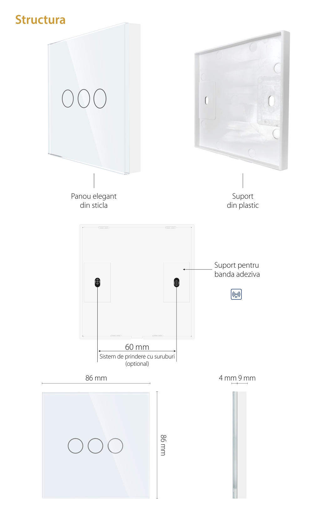 Telecomanda cu Touch Screen si 3 Canale RF433 LUXION