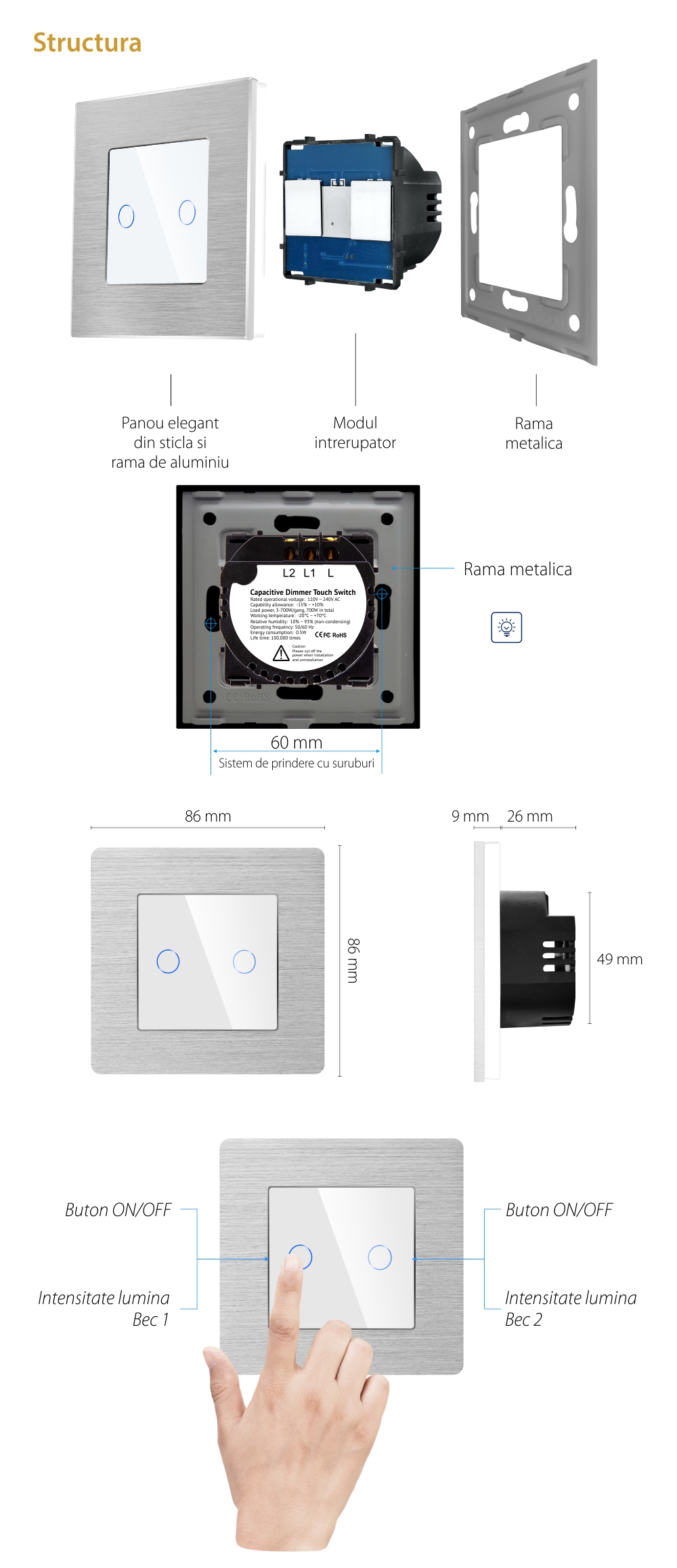 Intrerupator Dublu cu Variator si Touch din Sticla si Rama de Aluminiu LUXION