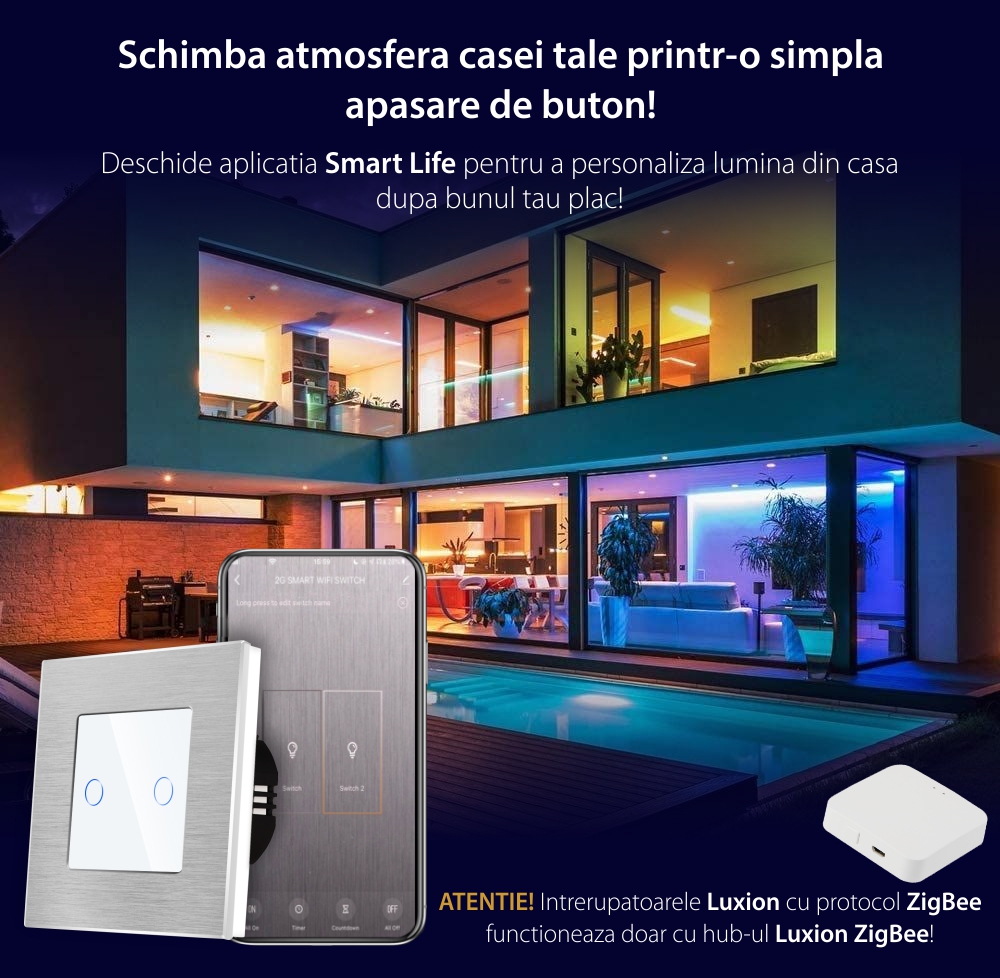 Intrerupator Dublu cu Touch din Sticla si Rama de Aluminiu LUXION, protocol ZigBee