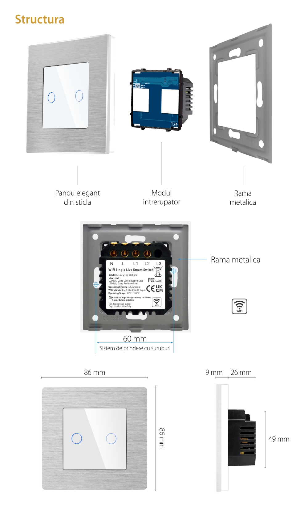 Intrerupator Dublu Wi-Fi cu Touch din Sticla si Rama de Aluminiu LUXION