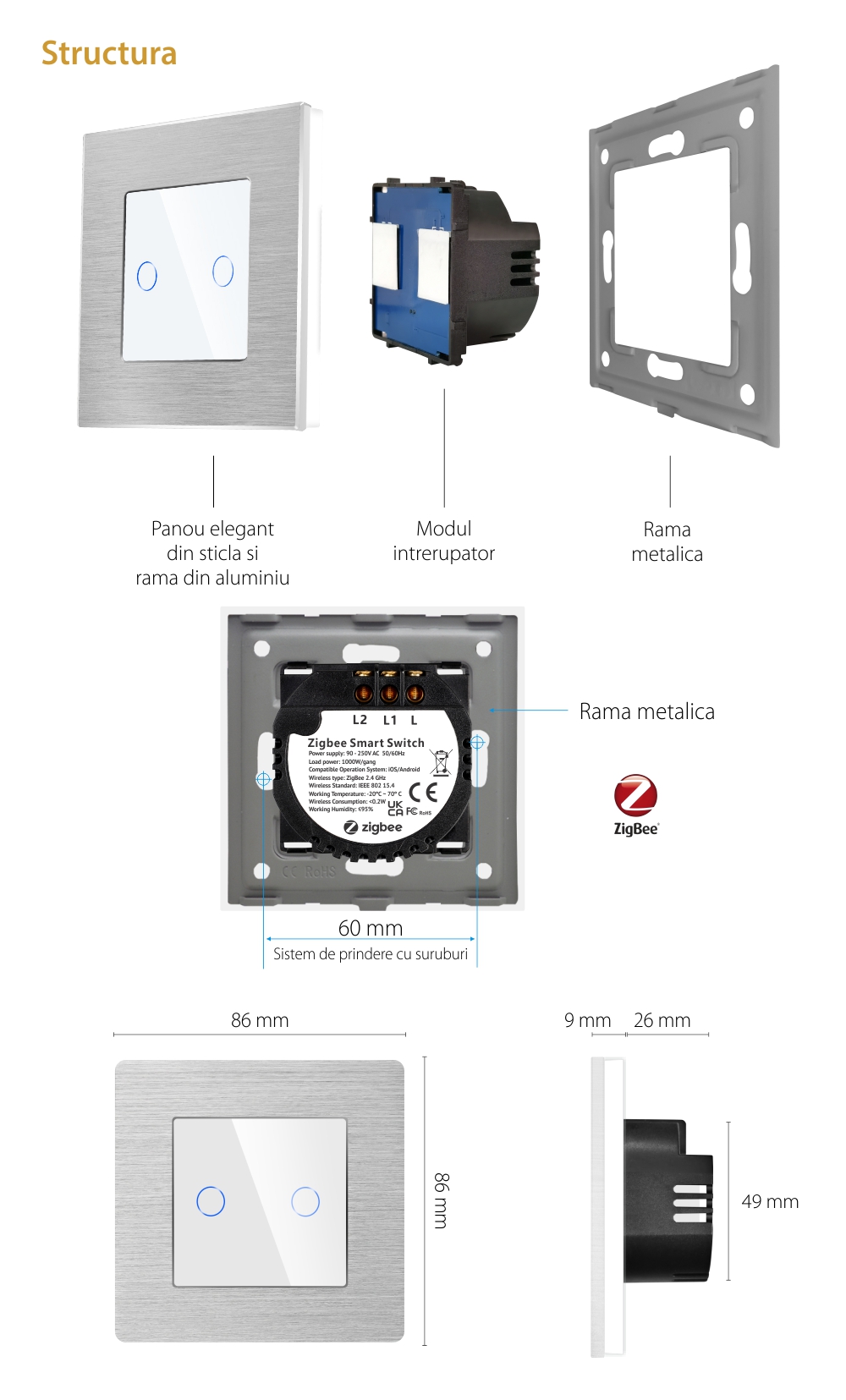 Intrerupator Dublu cu Touch din Sticla si Rama de Aluminiu LUXION, protocol ZigBee