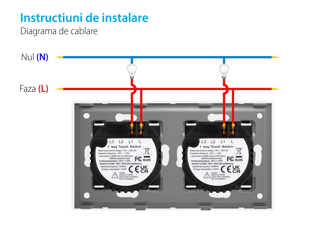 Intrerupator Simplu + Simplu cu Touch din Sticla LUXION