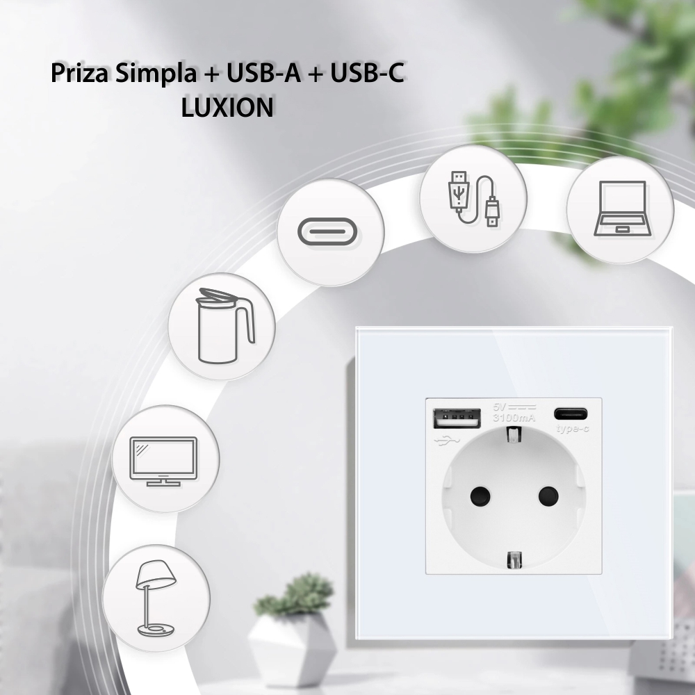 Priza Simpla + USB-A + USB-C LUXION cu Rama din Sticla