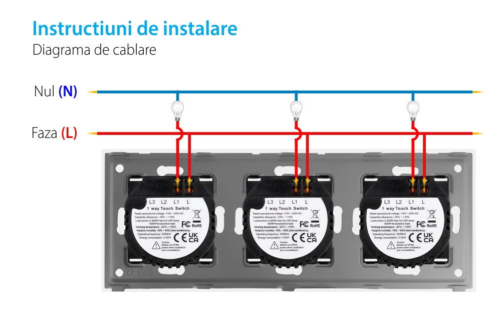 Intrerupator Simplu + Simplu + Simplu cu Touch din Sticla LUXION