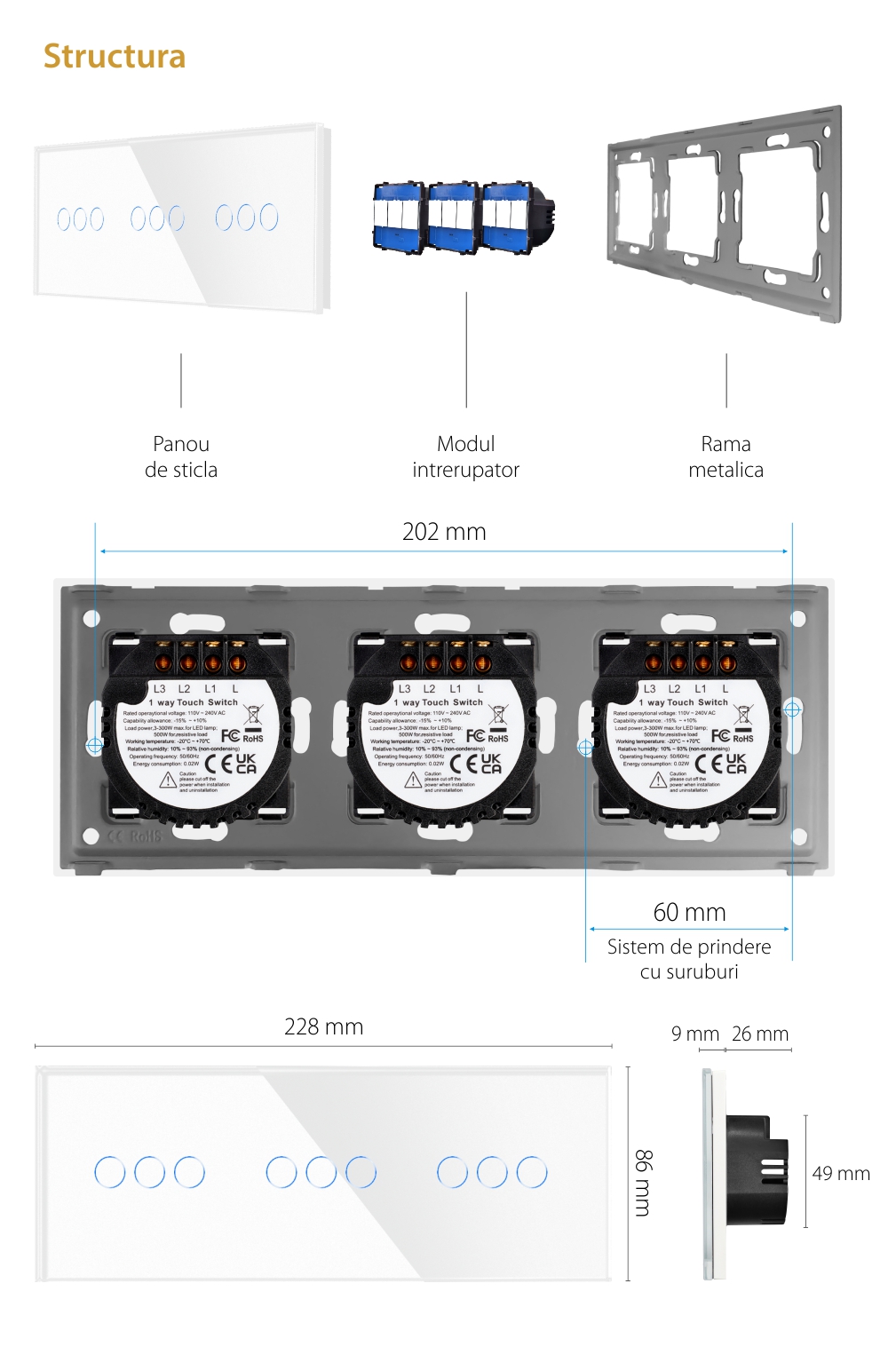 Intrerupator Triplu + Triplu + Triplu cu Touch din Sticla LUXION