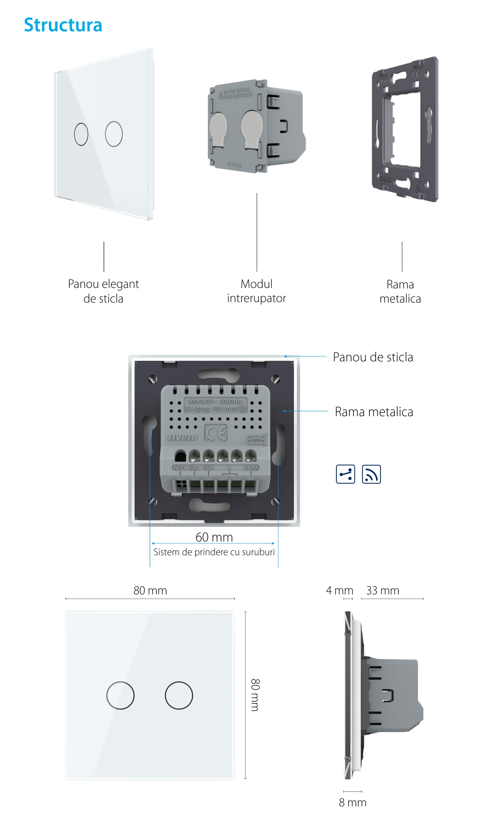 Intrerupator Dublu Cap Scara / Cruce Wireless cu Touch LIVOLO – Serie Noua