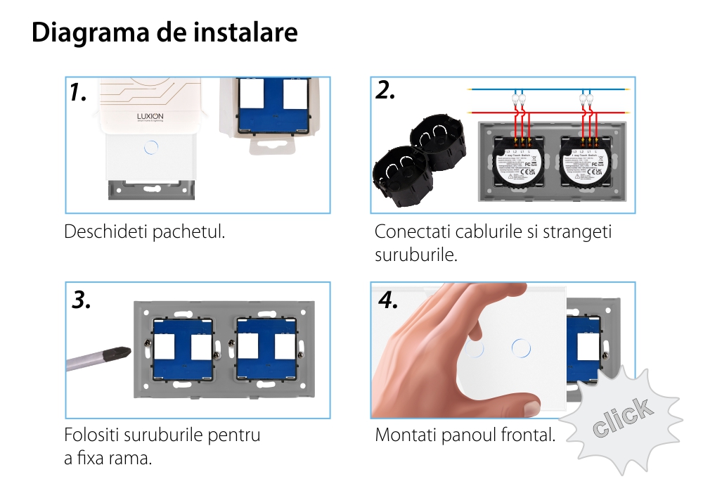 Intrerupator Dublu + Dublu cu Touch din Sticla LUXION