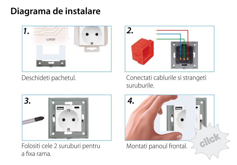 Priza Simpla + USB-A + USB-C LUXION cu Rama din Sticla