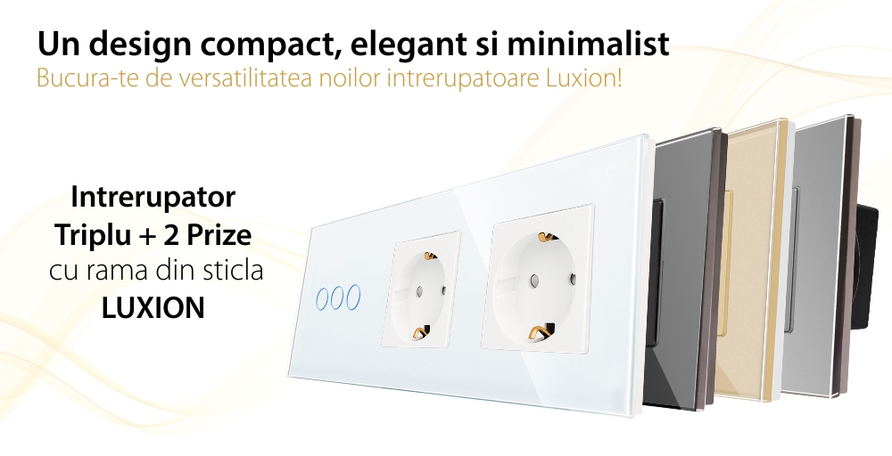 Intrerupator Triplu + 2 Prize cu Rama din Sticla LUXION