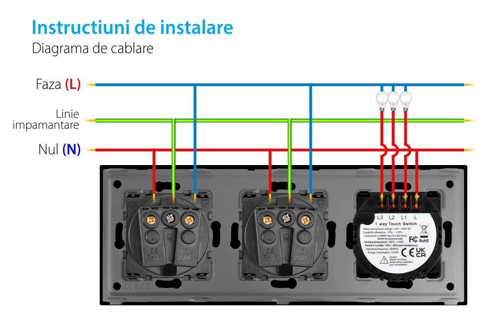 Intrerupator Triplu + 2 Prize cu Rama din Sticla LUXION