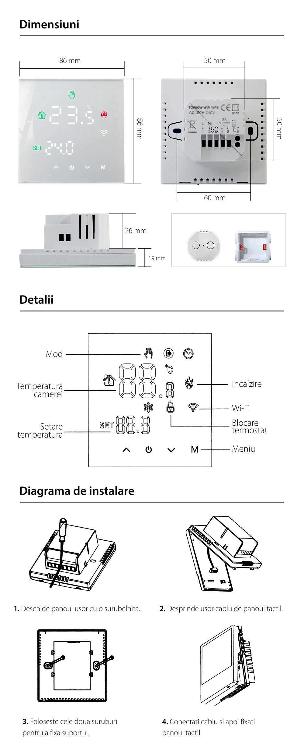 Termostat Wi-Fi pentru incalzirea termica pe gaz BeOk TGW60-WIFI-WPB