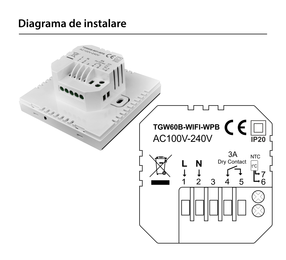 Termostat Wi-Fi pentru incalzirea termica pe gaz BeOk TGW60-WIFI-WPB