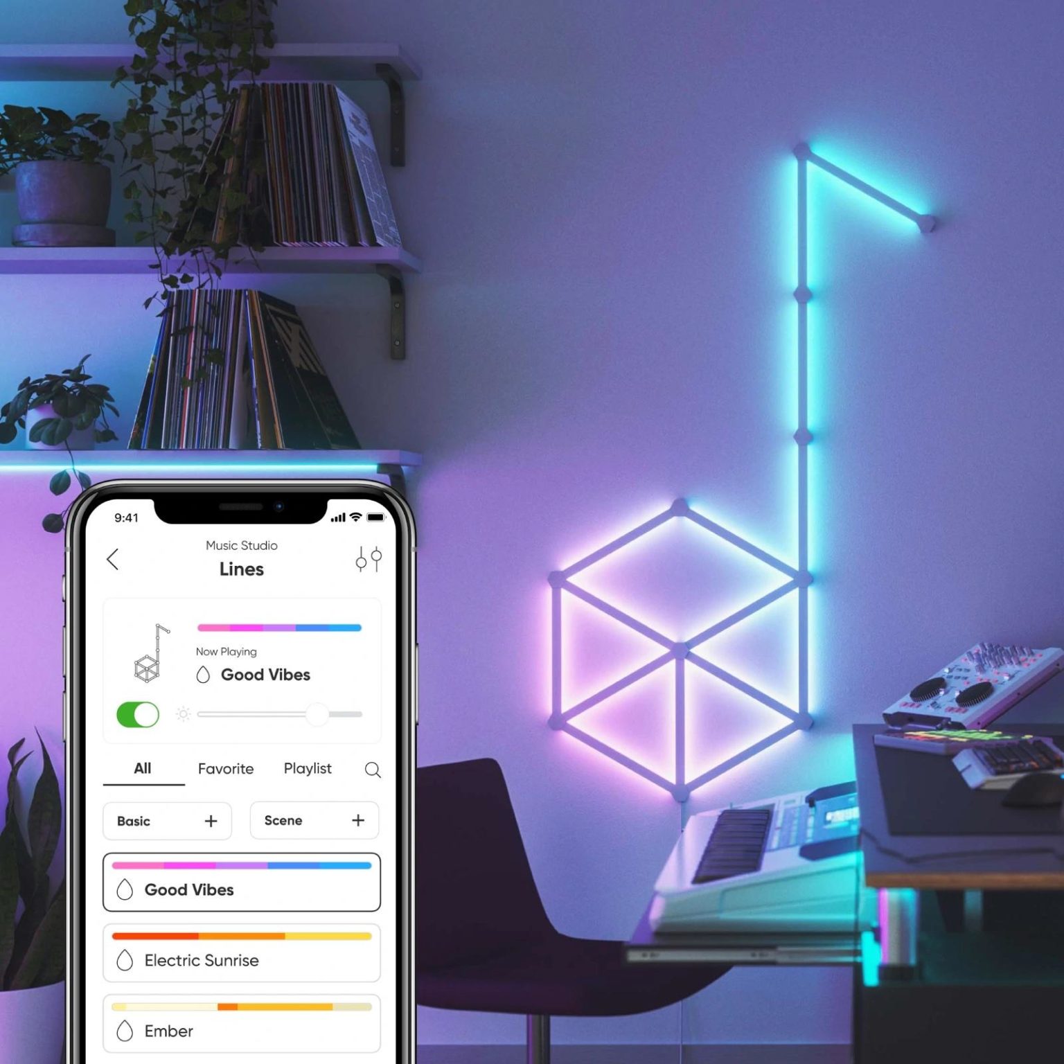 Kit 15 Panouri luminoase Nanoleaf Lines Starter Kit, Iluminare LED RGBW, Wi-Fi, Sincronizare muzica, Compatibil cu asistenti vocali