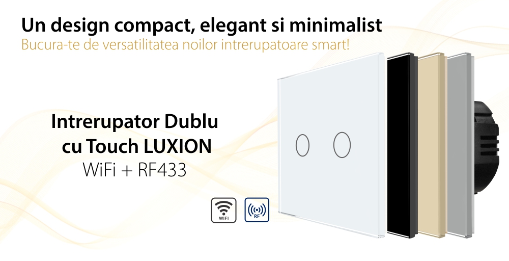 Intrerupator Dublu Wi-Fi + RF433 cu Touch din Sticla LUXION