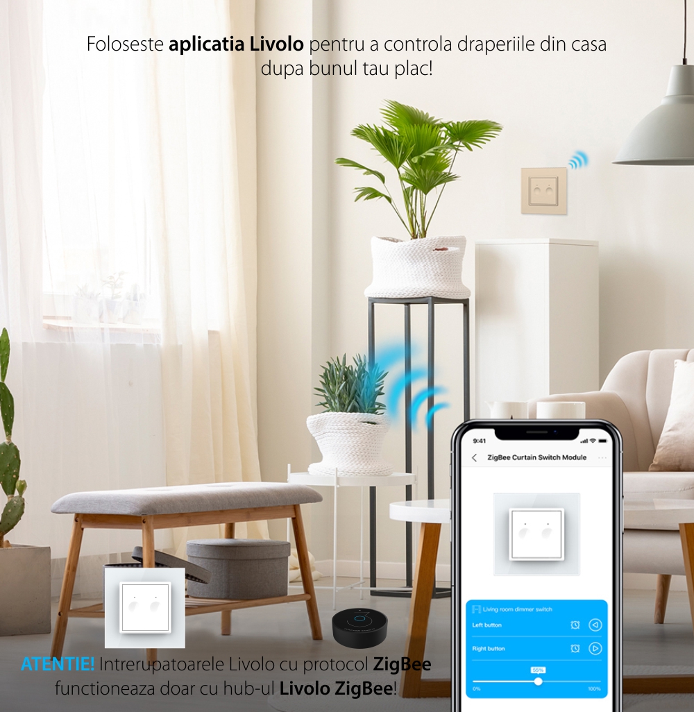 Intrerupator Draperie cu Touch LIVOLO cu Rama din Sticla, Protocol ZigBee