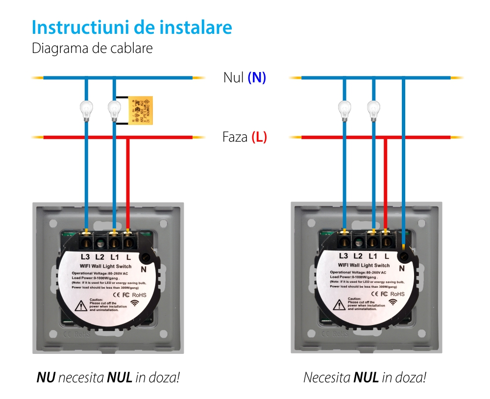 Intrerupator Dublu Wi-Fi + RF433 cu Touch din Sticla LUXION