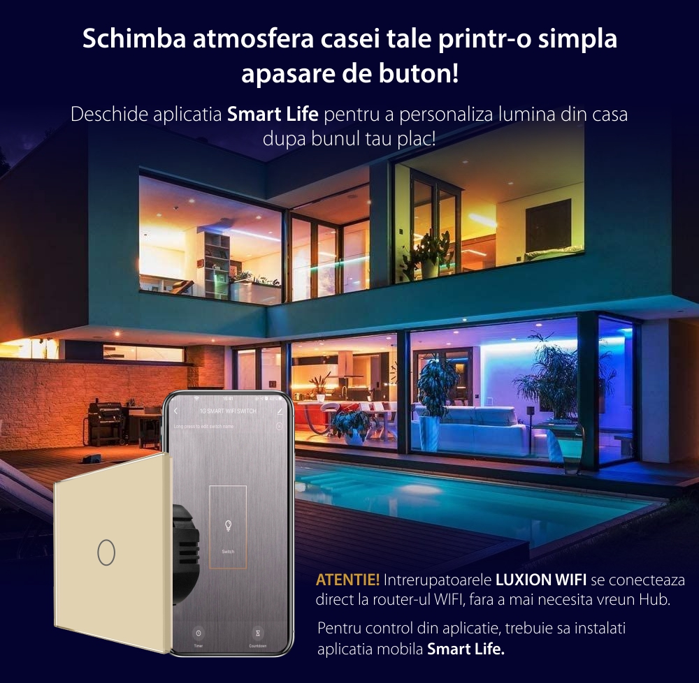 Intrerupator Simplu Wi-Fi + RF433 cu Touch din Sticla LUXION