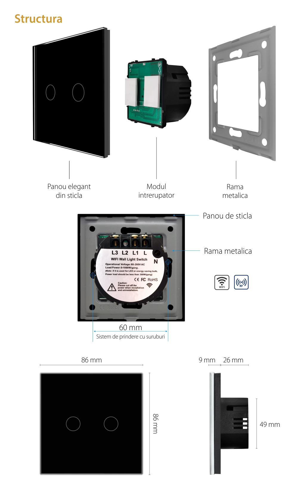 Intrerupator Dublu Wi-Fi + RF433 cu Touch din Sticla LUXION