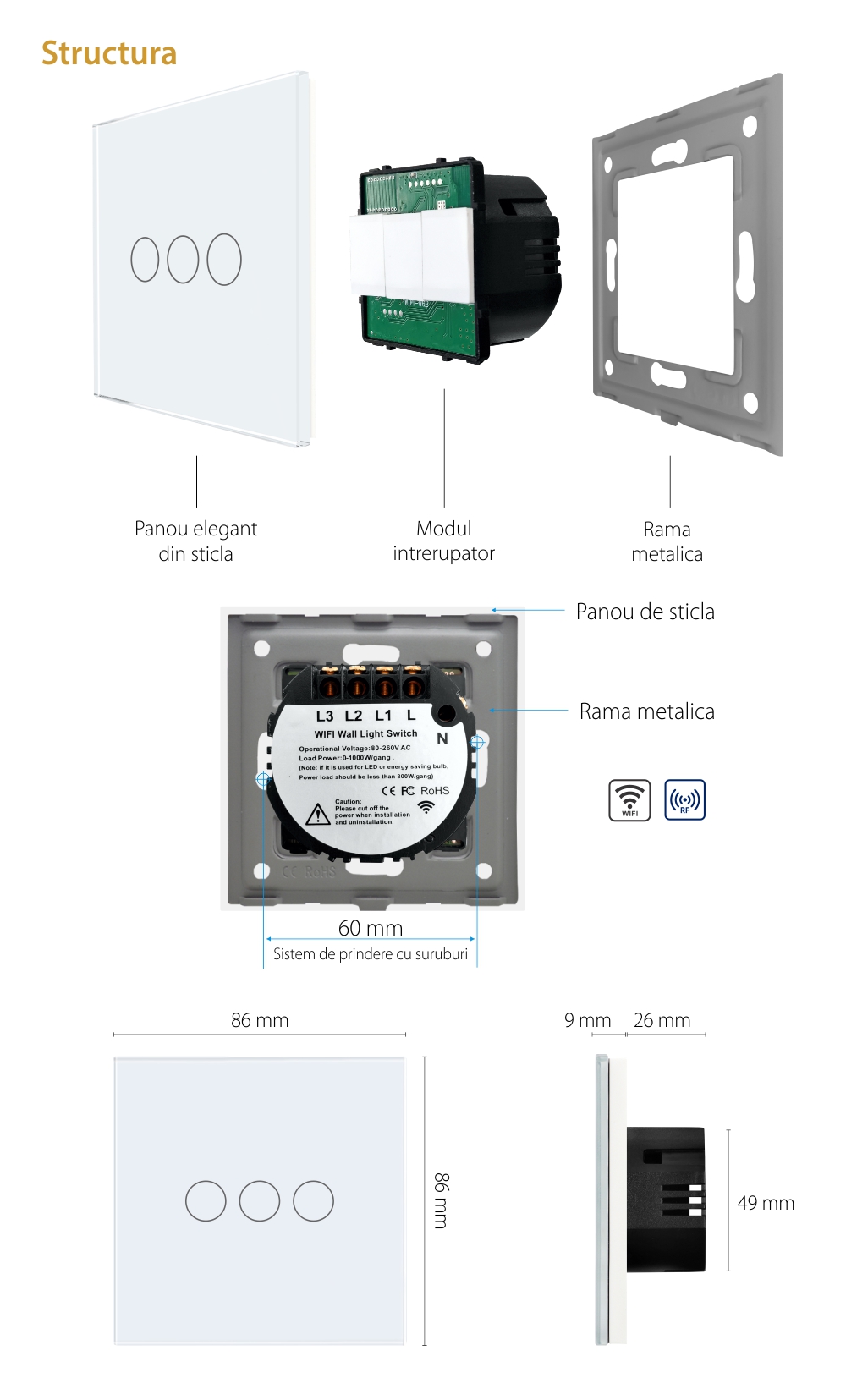 Intrerupator Triplu Wi-Fi + RF433 cu Touch din Sticla LUXION