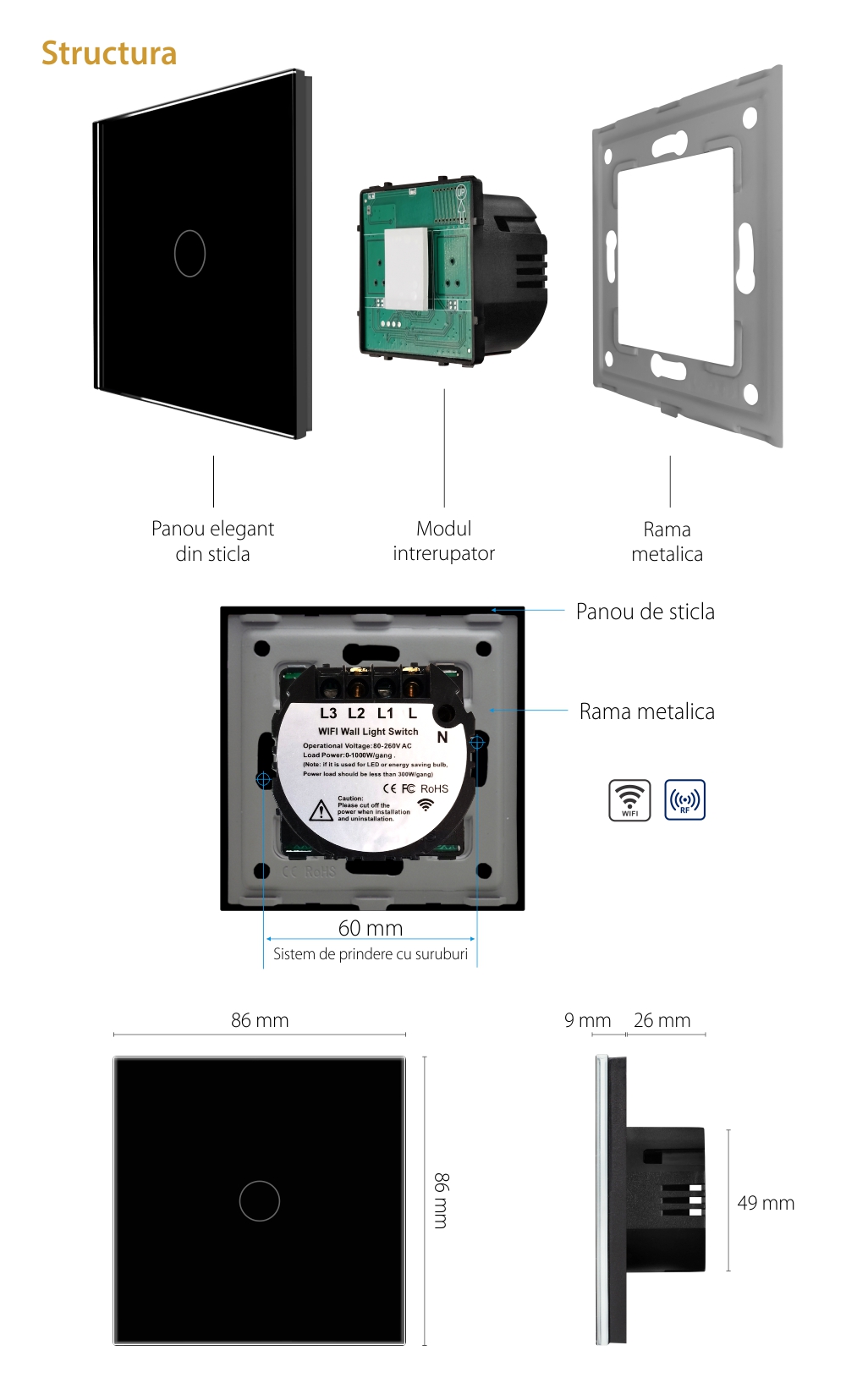 Intrerupator Simplu Wi-Fi + RF433 cu Touch din Sticla LUXION