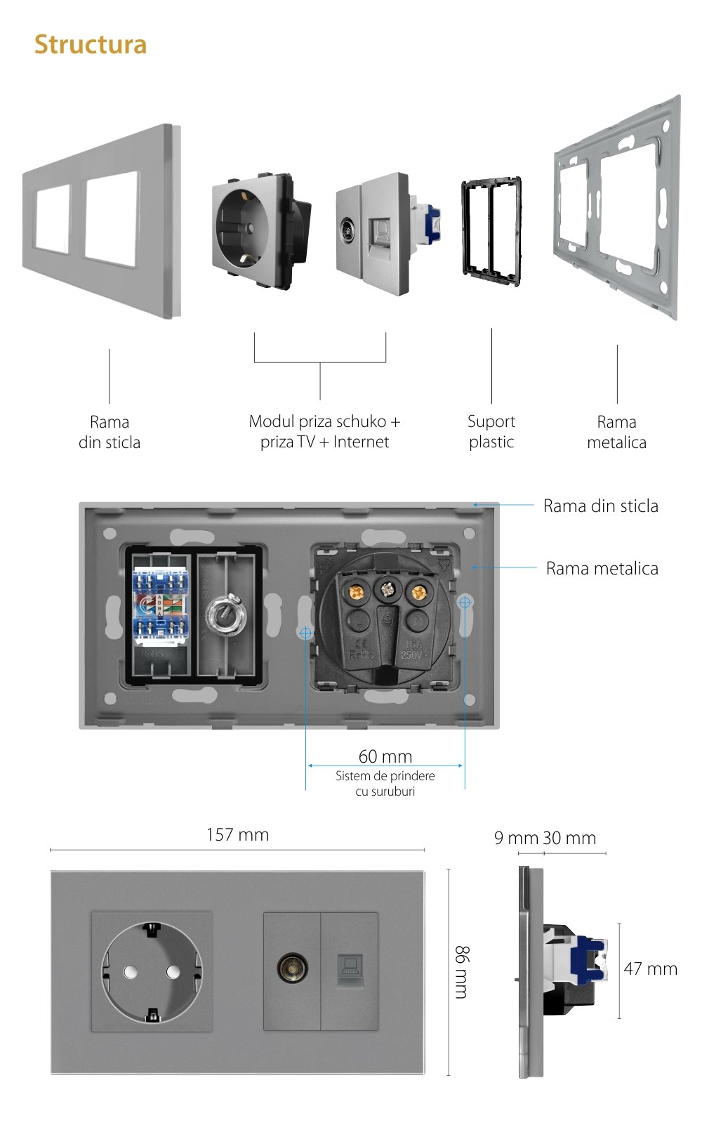 Priza Schuko + TV + Internet cu Rama Din Sticla LUXION