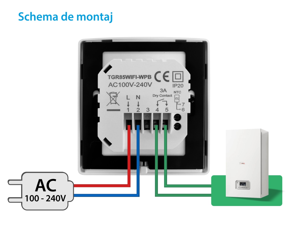 Termostat pentru incalzire termica pe gaz Beok TGR85-WIFI-WPB, Programare, Control aplicatie