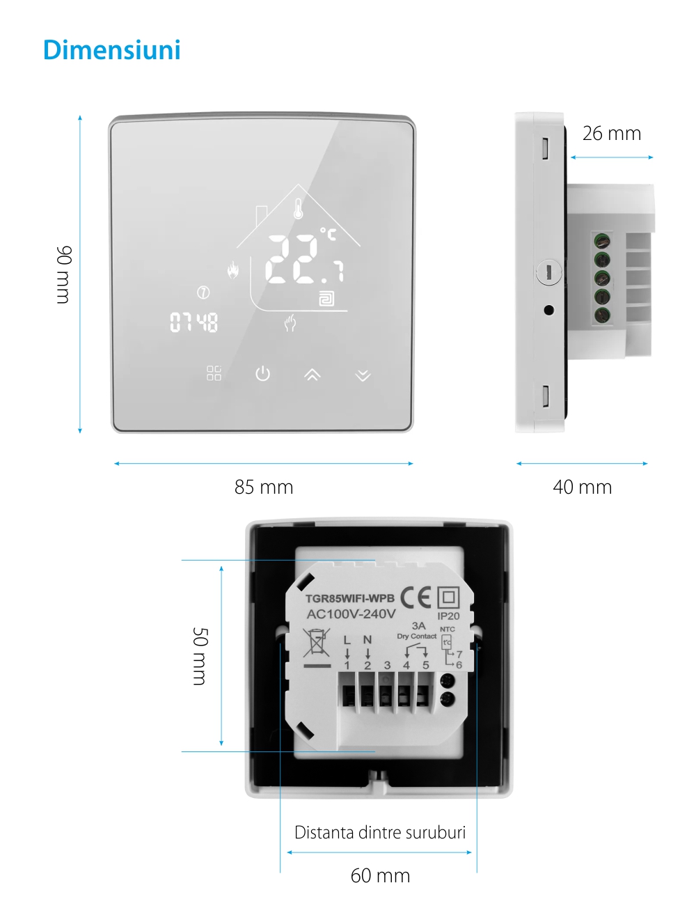 Termostat pentru incalzire termica pe gaz Beok TGR85-WIFI-WPB, Programare, Control aplicatie