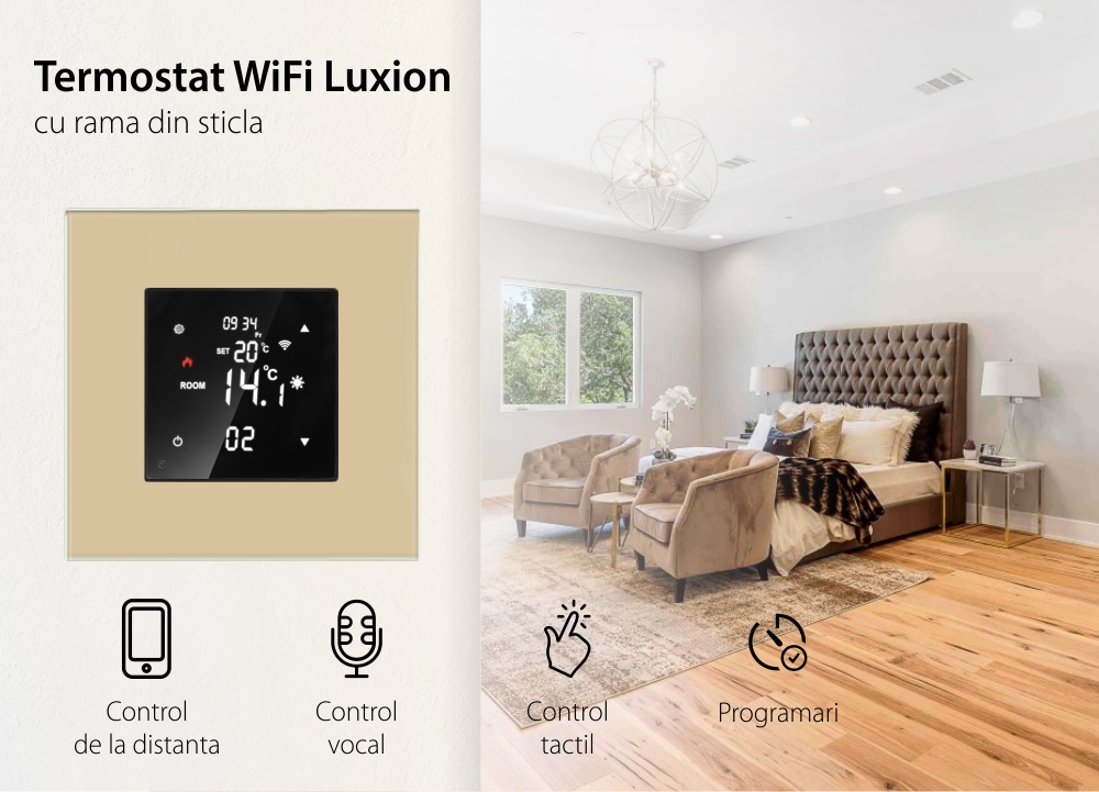 Termostat Wi-Fi pentru incalzirea electrica LUXION cu Rama din Sticla