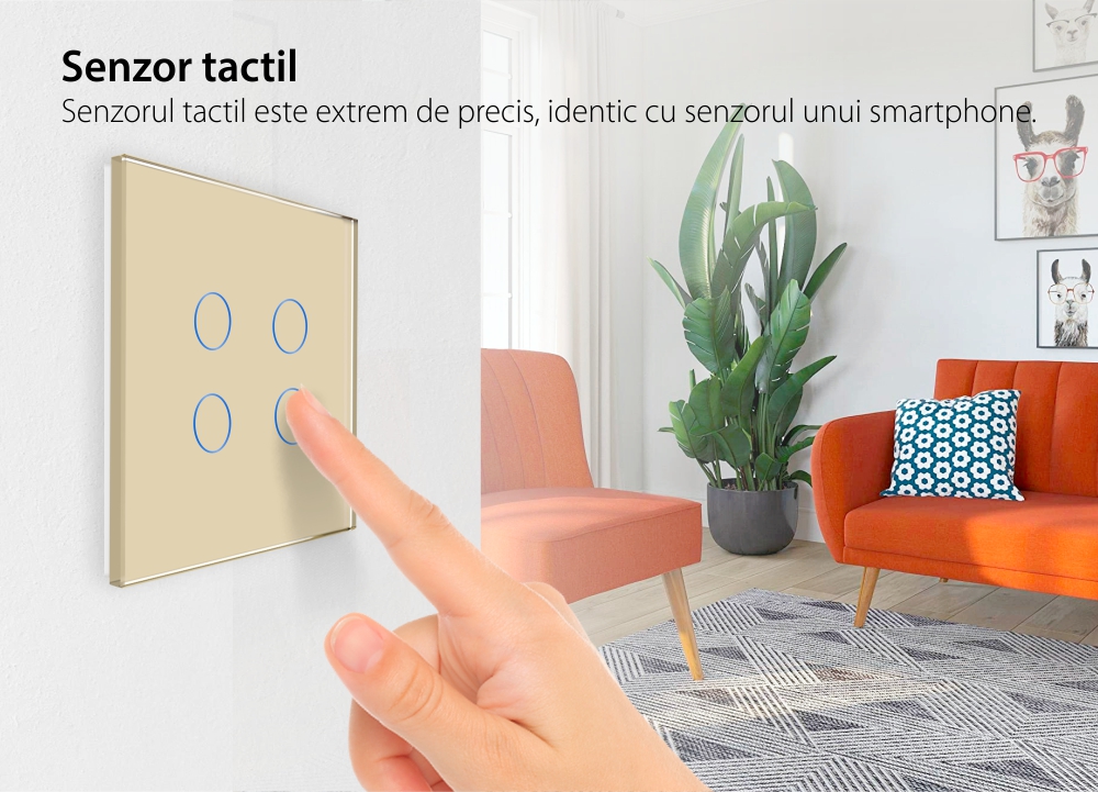 Intrerupator Cvadruplu Wi-Fi + RF433 cu Touch din Sticla LUXION