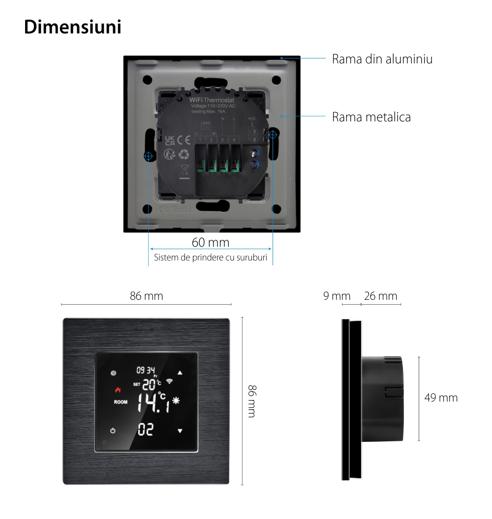 Termostat Wi-Fi pentru incalzirea electrica LUXION cu Rama din Aluminiu