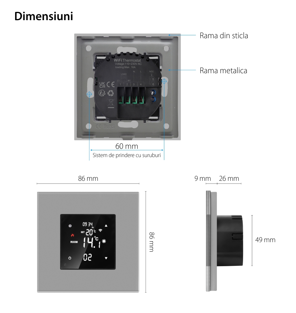 Termostat Wi-Fi pentru incalzirea electrica LUXION cu Rama din Sticla