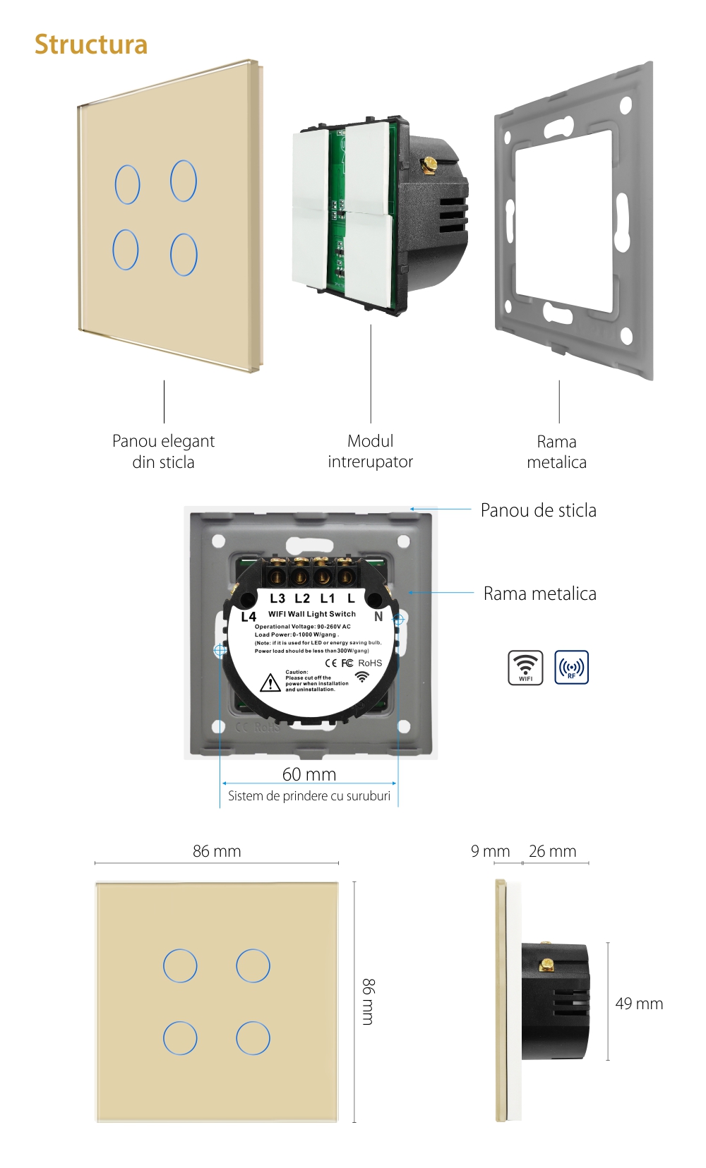 Intrerupator Cvadruplu Wi-Fi + RF433 cu Touch din Sticla LUXION