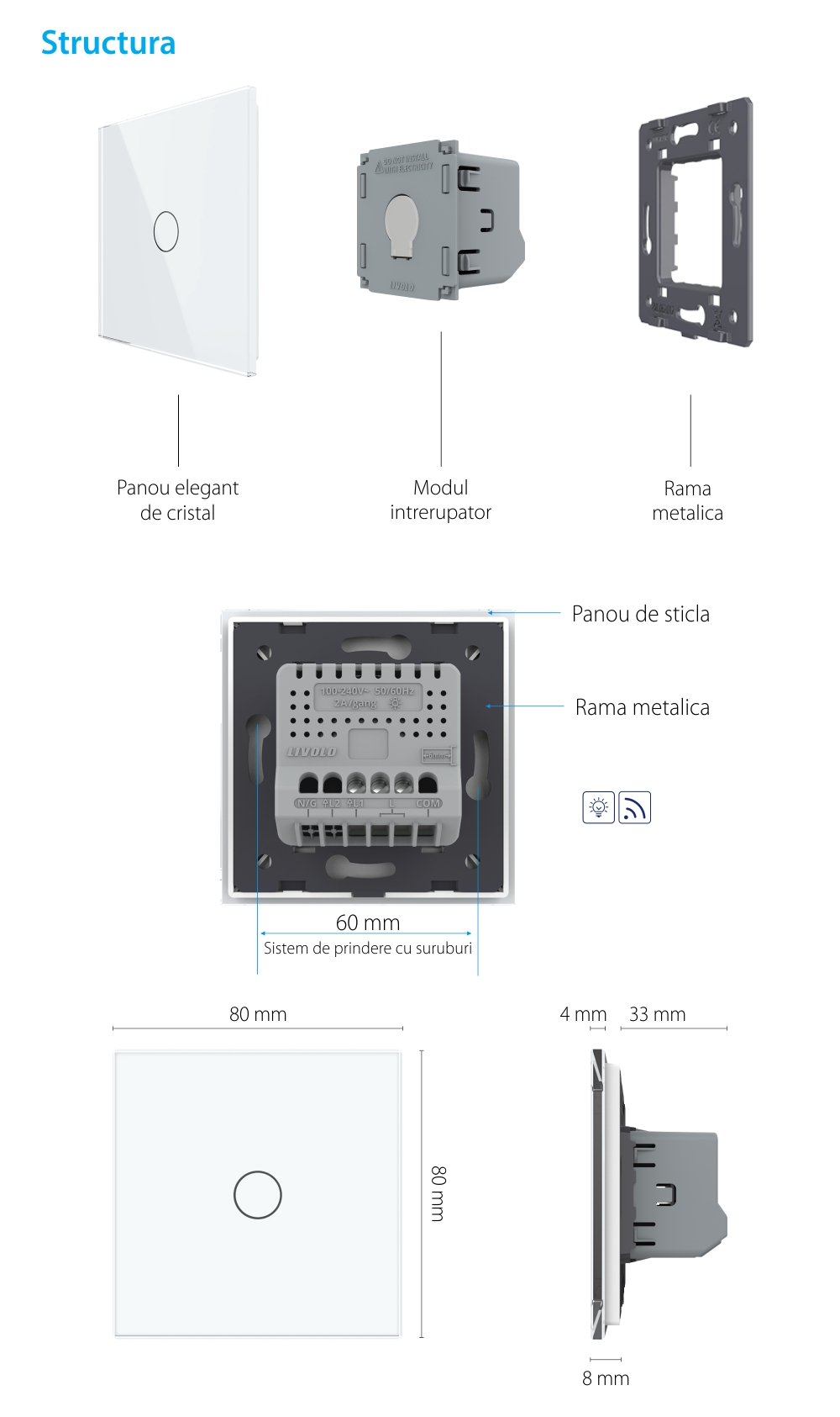 Intrerupator Simplu Wireless si Variator LIVOLO cu Touch Din Sticla – Serie Noua