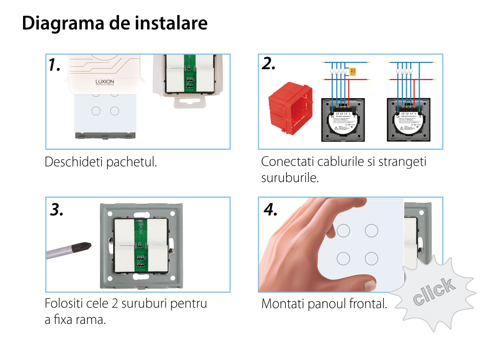 Intrerupator Cvadruplu Wi-Fi + RF433 cu Touch din Sticla LUXION