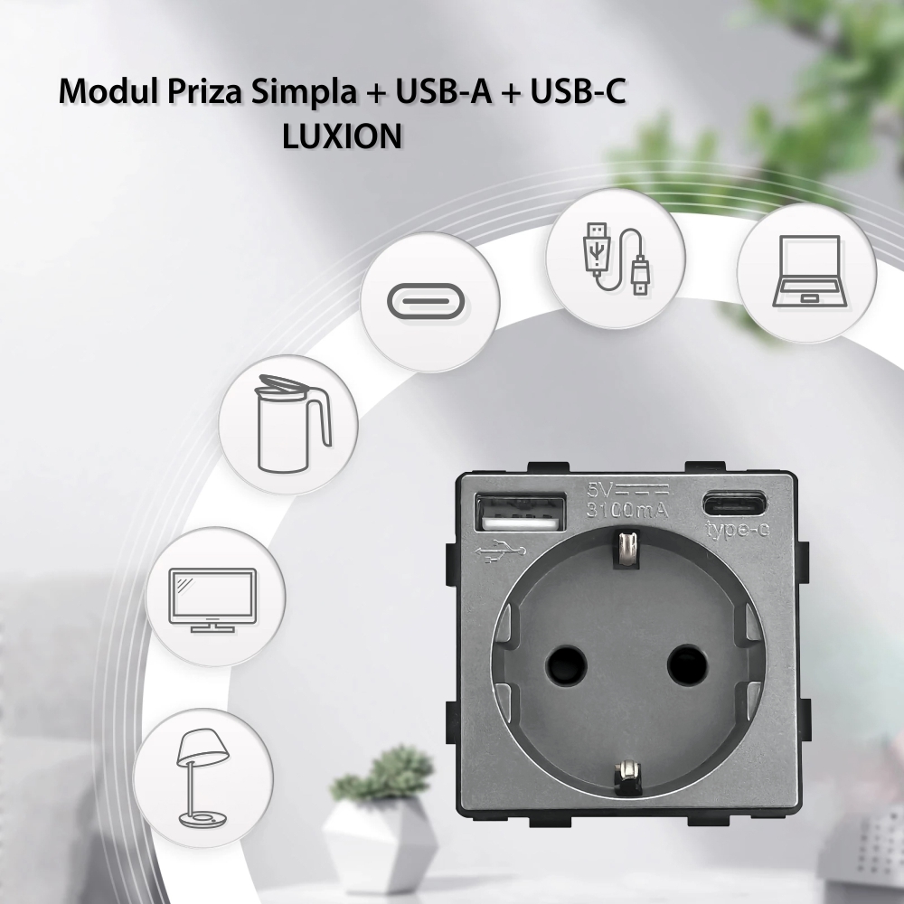 Modul Priza Simpla + USB-A + USB-C LUXION