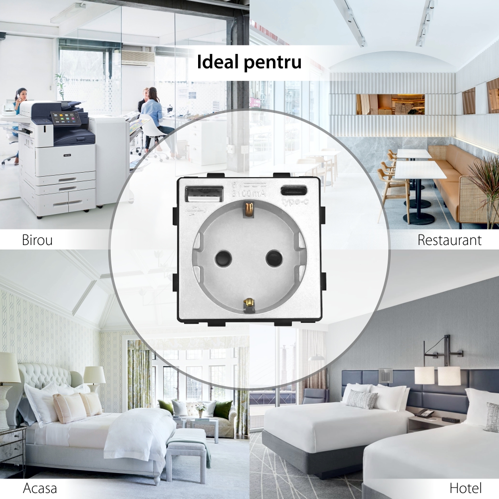 Modul Priza Simpla + USB-A + USB-C LUXION