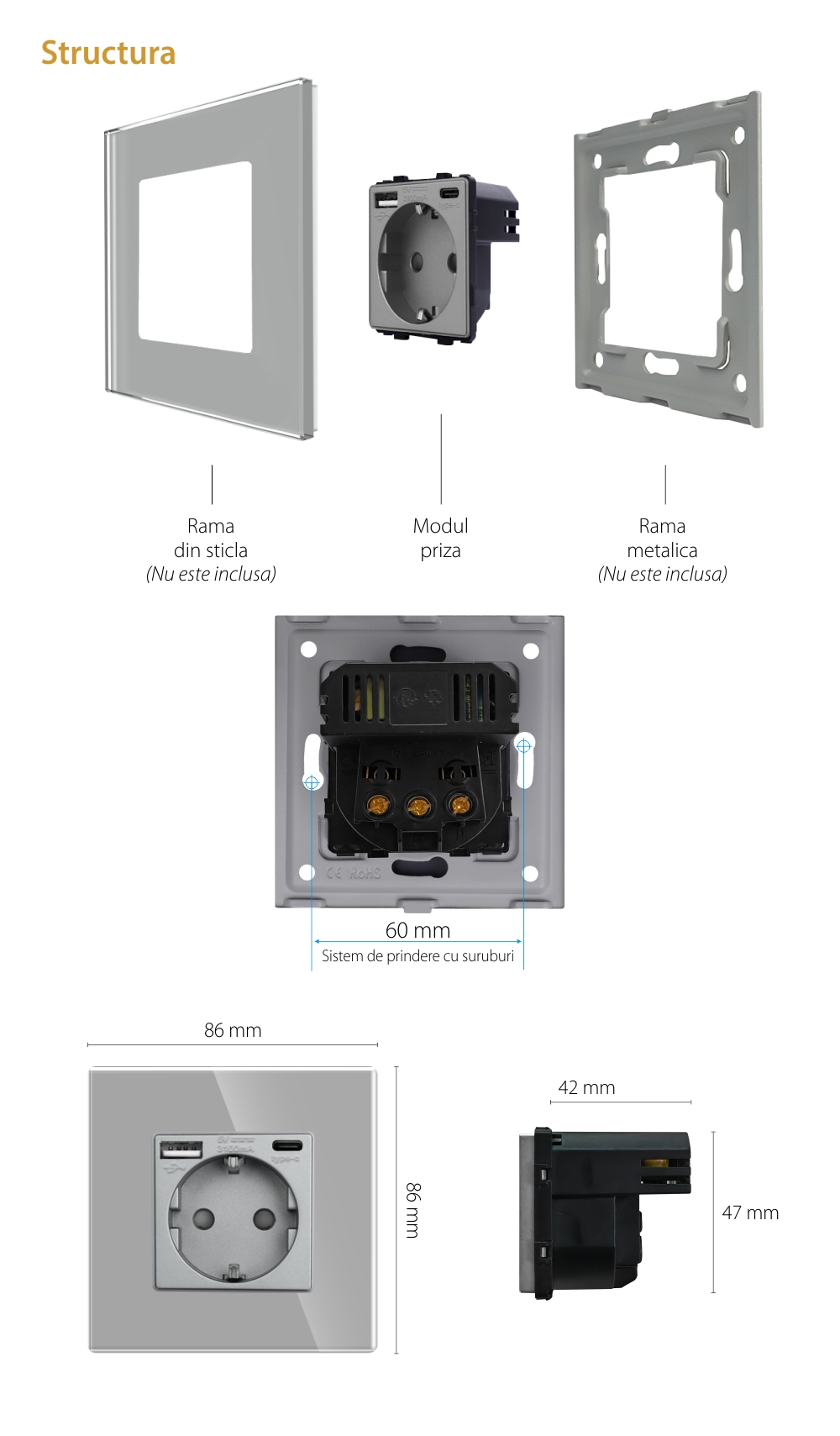 Modul Priza Simpla + USB-A + USB-C LUXION