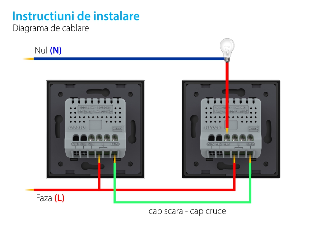 Intrerupator Simplu Cap Scara / Cruce, ZigBee cu Touch LIVOLO – Serie Noua