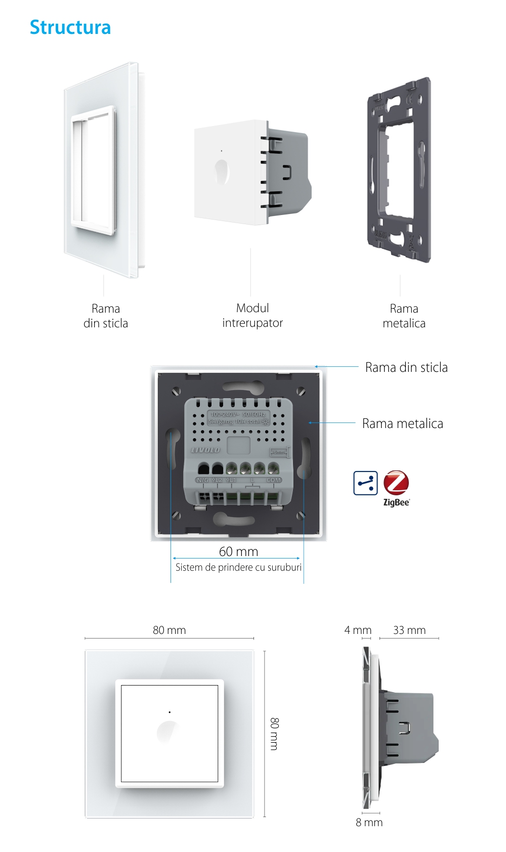 Intrerupator Simplu Cap Scara / Cruce, ZigBee cu Touch LIVOLO – Serie Noua