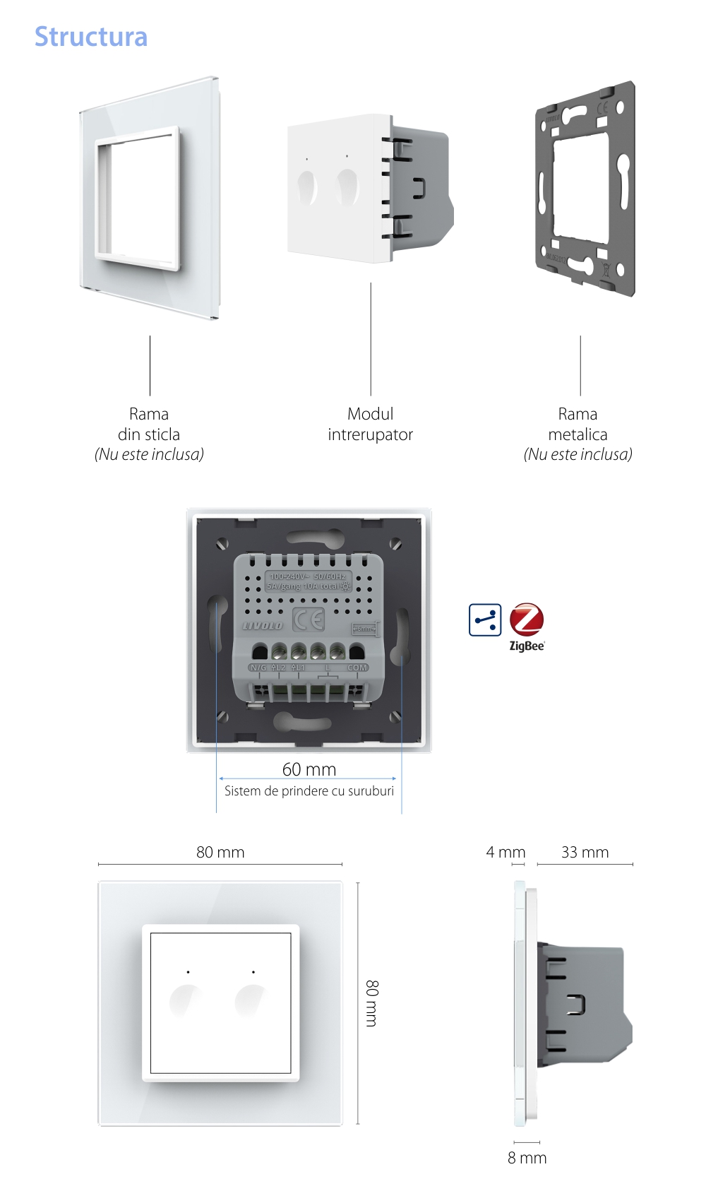 Modul Intrerupator Dublu Cap Scara, Zigbee cu Touch LIVOLO – Serie Noua