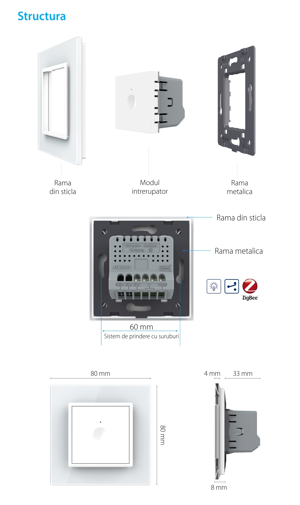 Intrerupator Simplu cu Dimmer, Cap Scara / Cruce, ZigBee cu Touch LIVOLO – Serie Noua